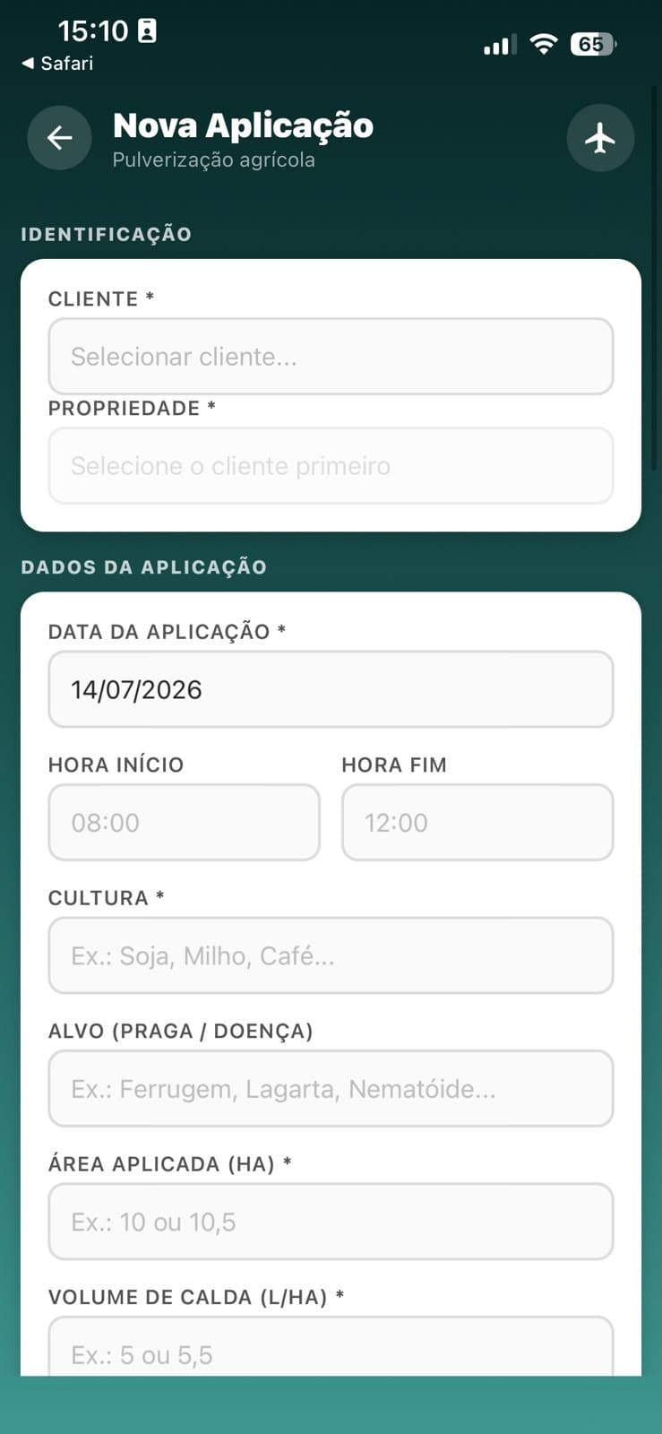 Cadastro de aplicação no AeroGestão