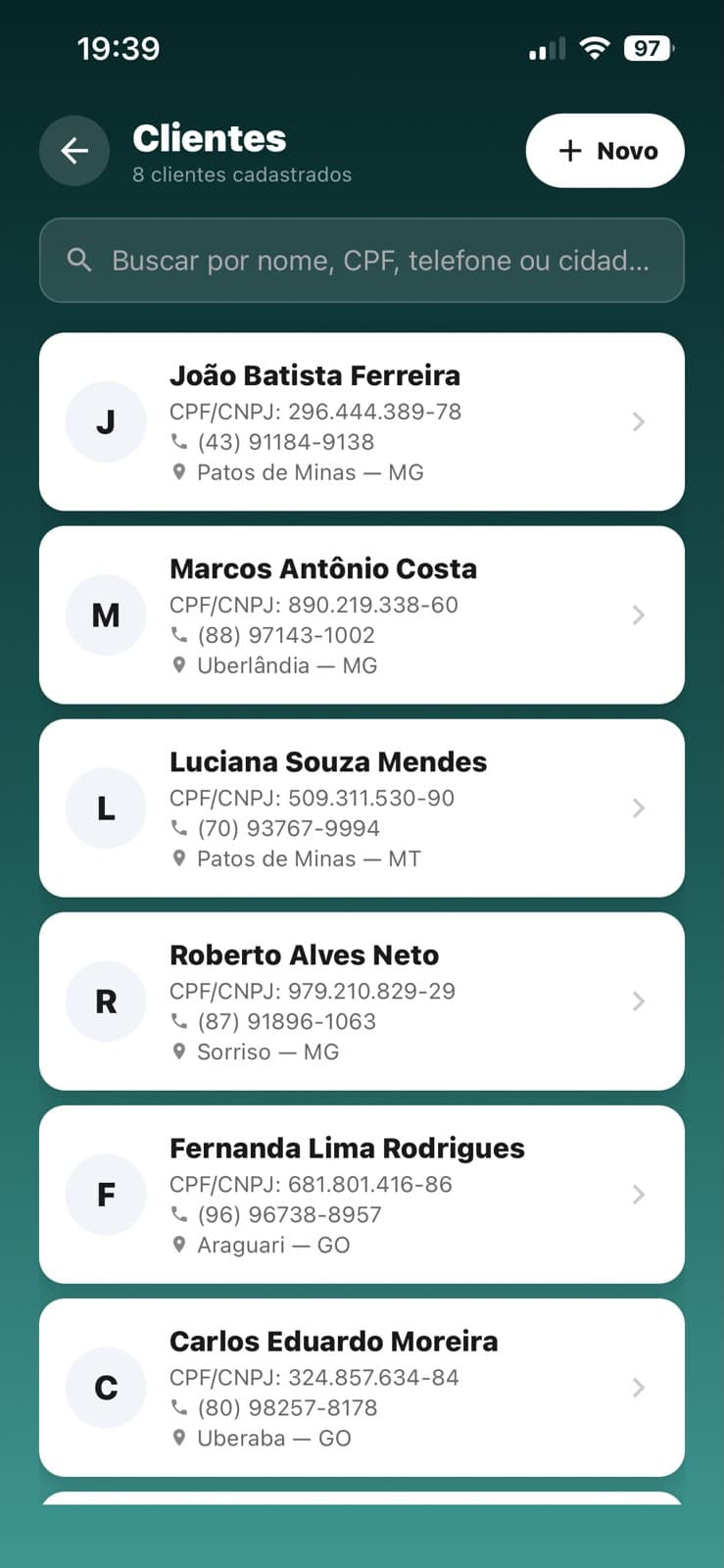 Lista de clientes no AeroGestão