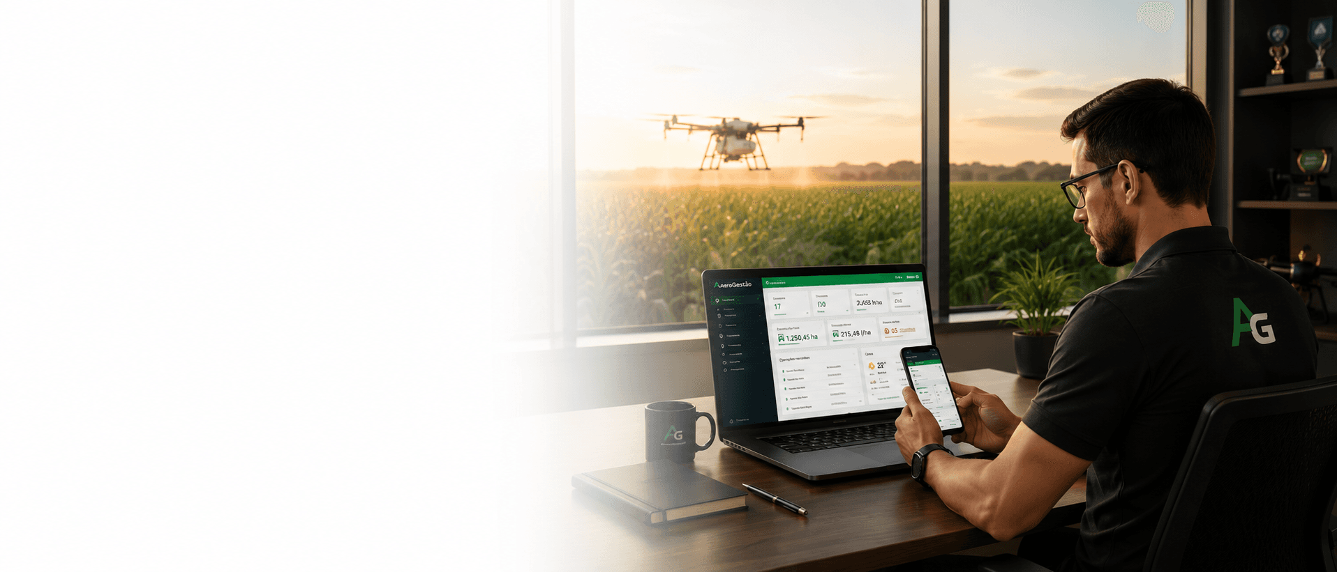 Gestão AeroGestão no escritório — app e painel com operação de drone